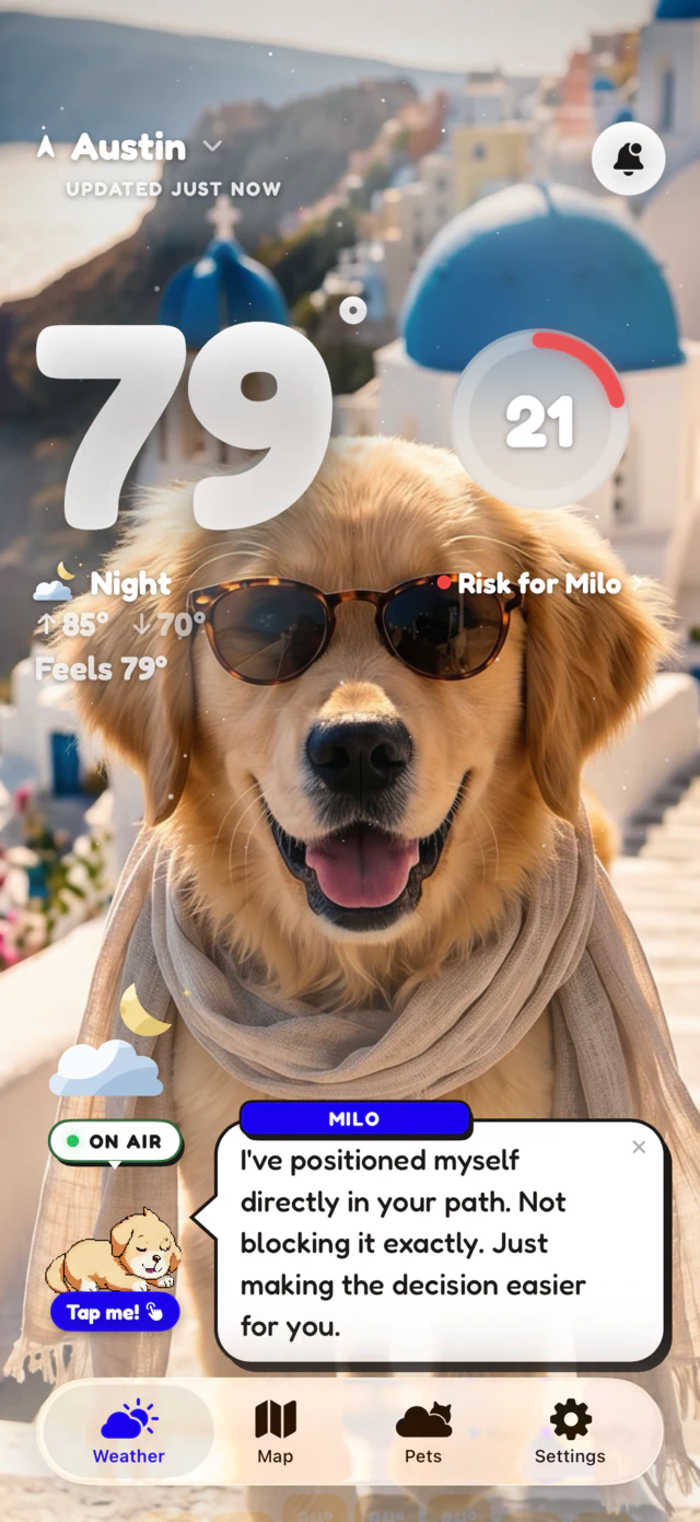 WeatherPets home screen: Milo the golden retriever in sunglasses on a muggy 79 degree night, flagged as a risk with a score of 21