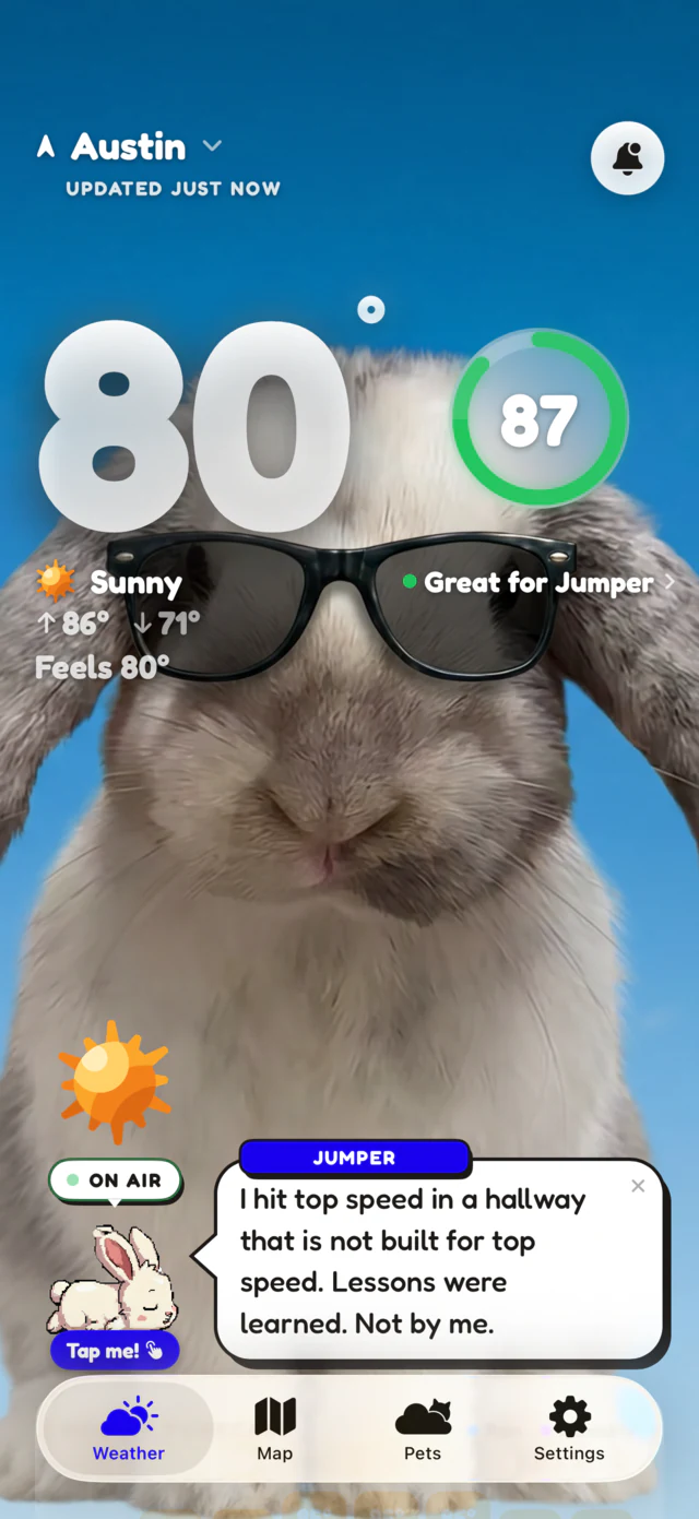 WeatherPets home screen: Jumper the rabbit in sunglasses on a sunny 80 degree day in Austin, with a Pet Safety Score of 87