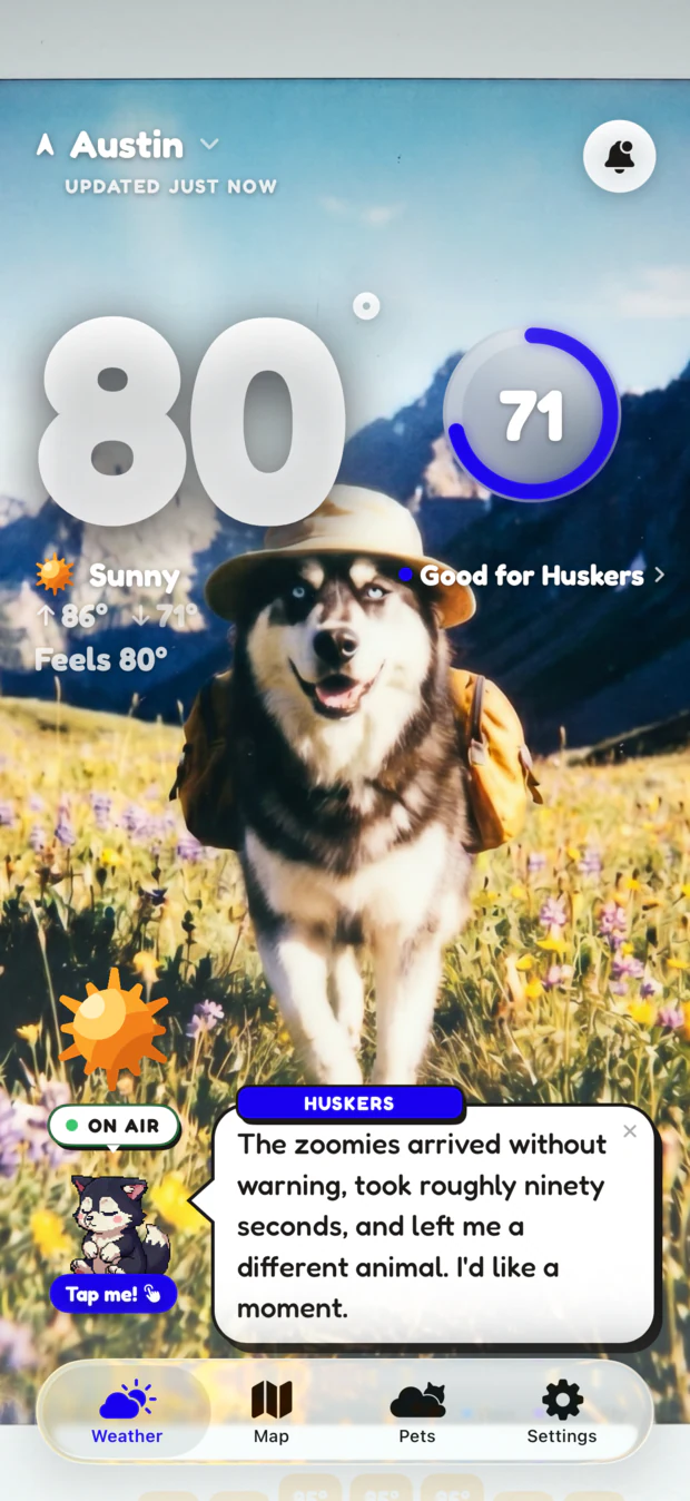 The WeatherPets home screen showing a Pet Safety Score for a husky named Huskers