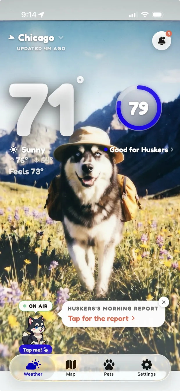 The WeatherPets home screen showing a Pet Safety Score of 79 for a husky named Huskers