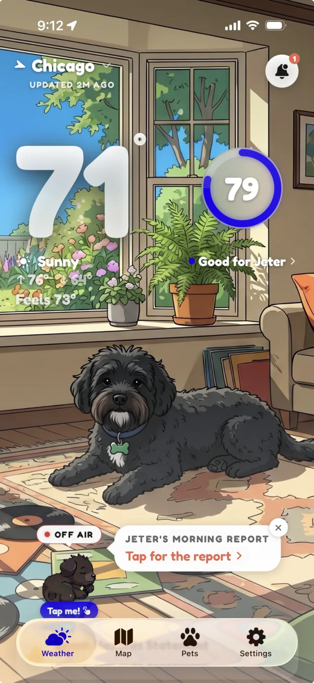 The WeatherPets home screen showing a Pet Safety Score of 79 for a dog named Jeter