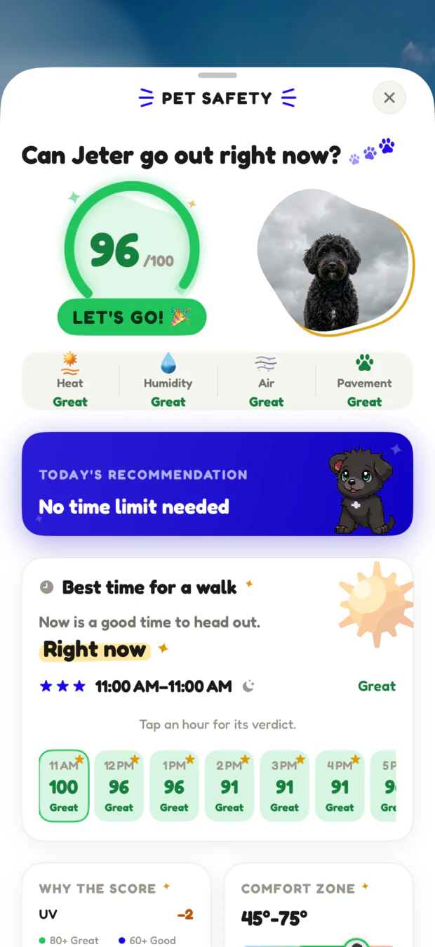 The Pet Safety Score detail sheet showing separate heat, humidity, air and pavement ratings with the day's best walk window