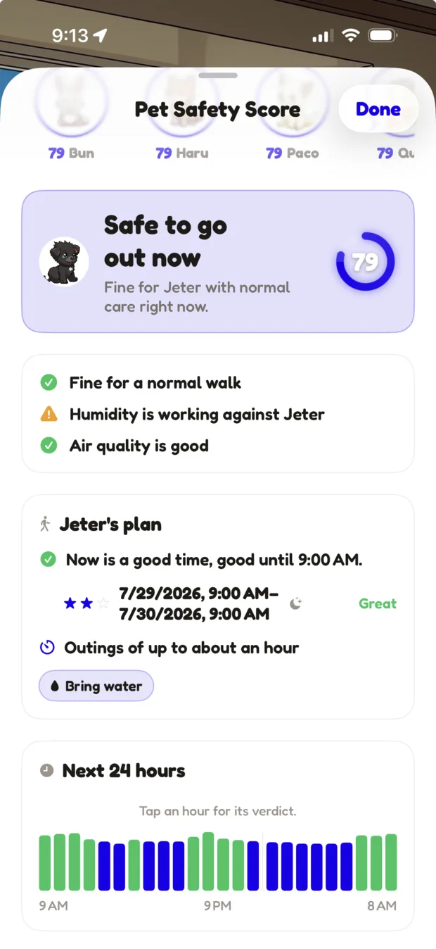 The Pet Safety Score detail sheet showing the verdict, contributing factors, walk plan, and a 24 hour timeline