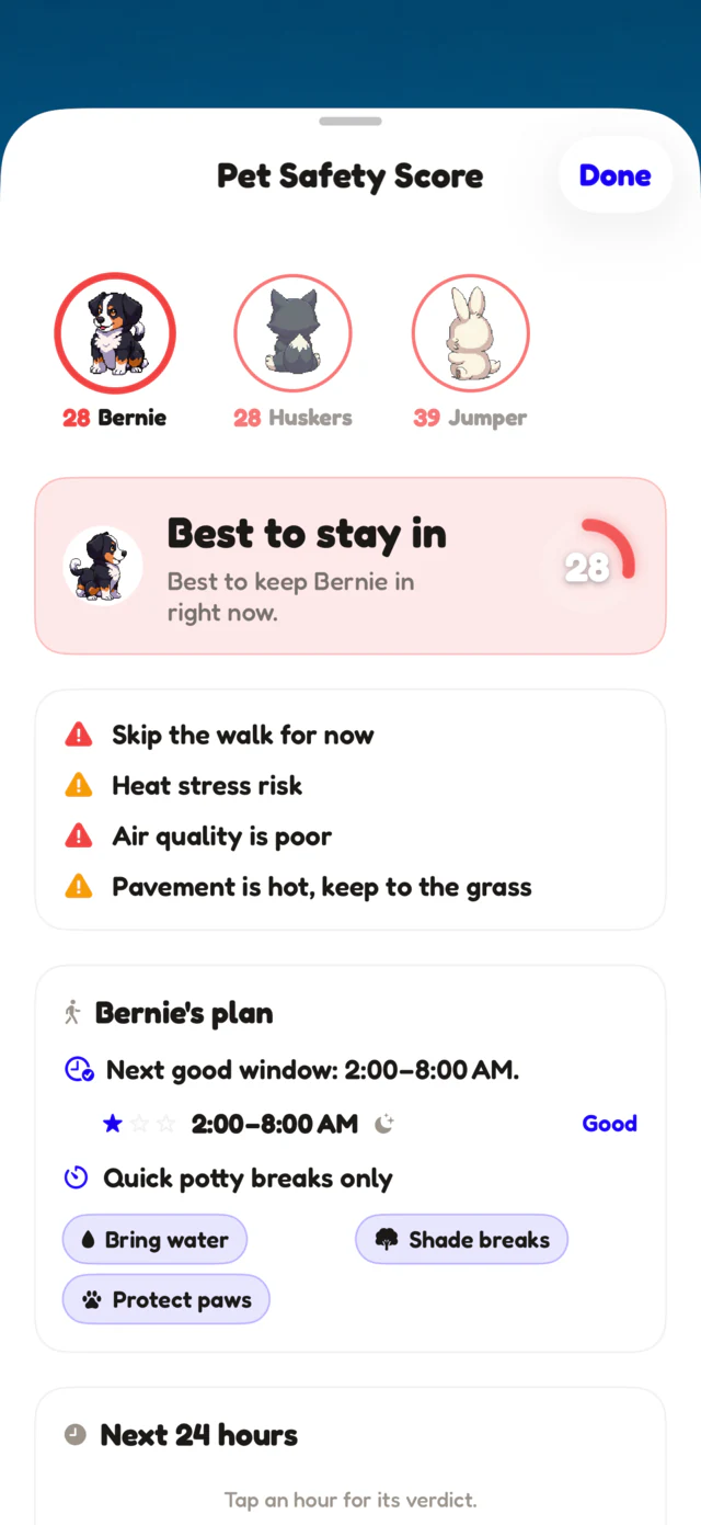 Pet Safety Score on a poor air quality day: 28 out of 100, short potty breaks only, with bring water and protect paws precautions