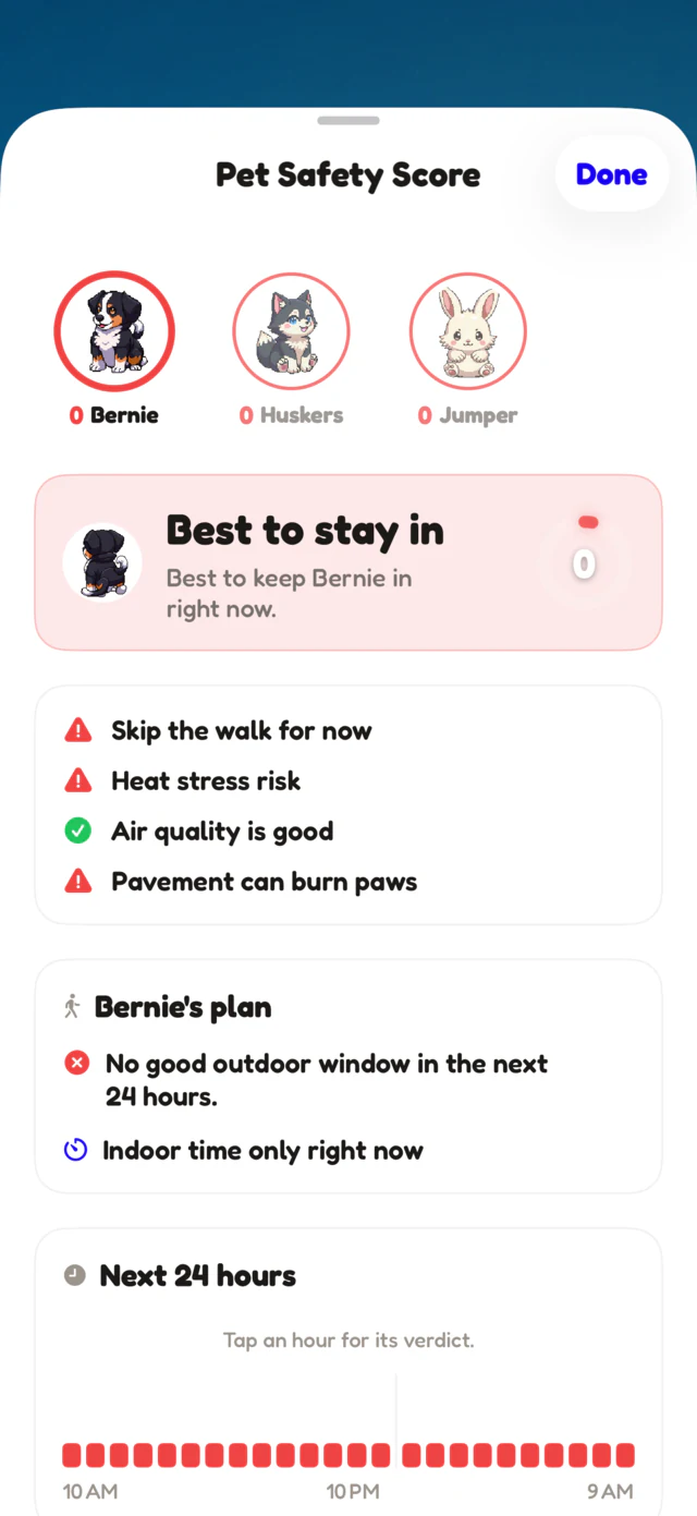 Pet Safety Score in extreme heat: 0 out of 100, best to stay in, flagging heat stress risk and pavement that can burn paws