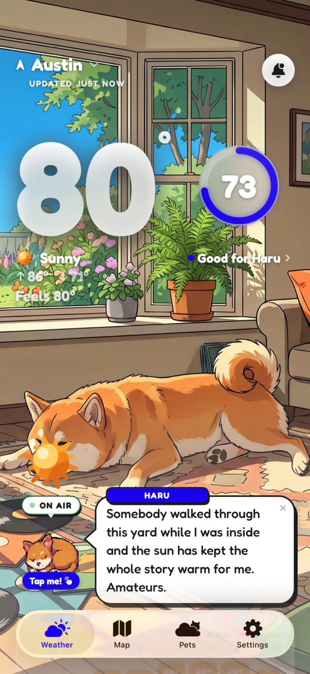 Sunny scene: Haru dozing in a sunlit lofi bedroom at 80 degrees