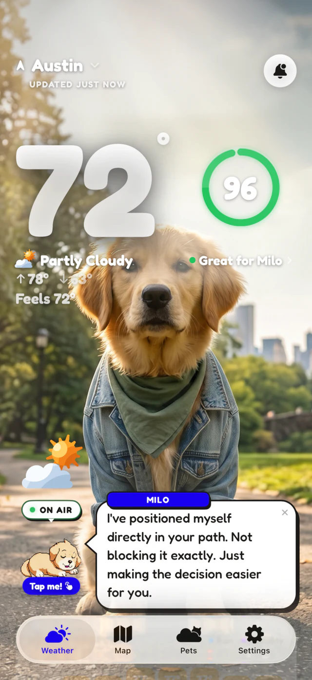Partly cloudy scene: Milo the golden retriever in a denim jacket at 72 degrees