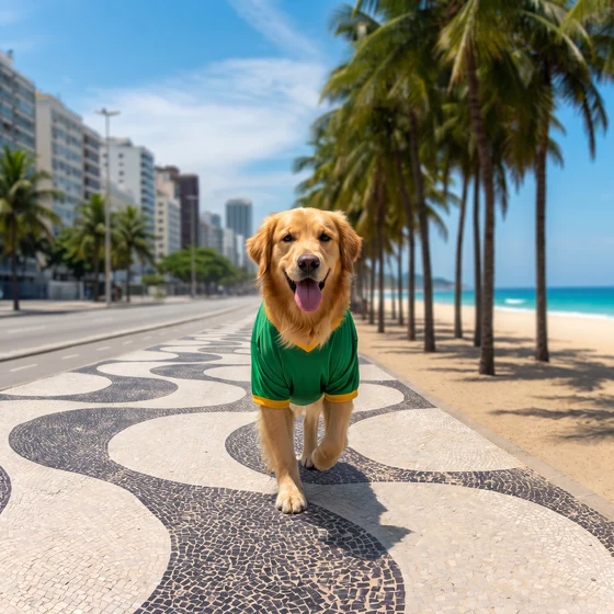 Brazil Traveler style theme: a golden retriever in a green jersey on the Copacabana promenade