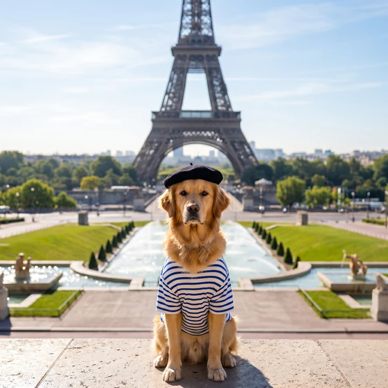 France Traveler style theme: a golden retriever in a striped shirt and beret at the Eiffel Tower