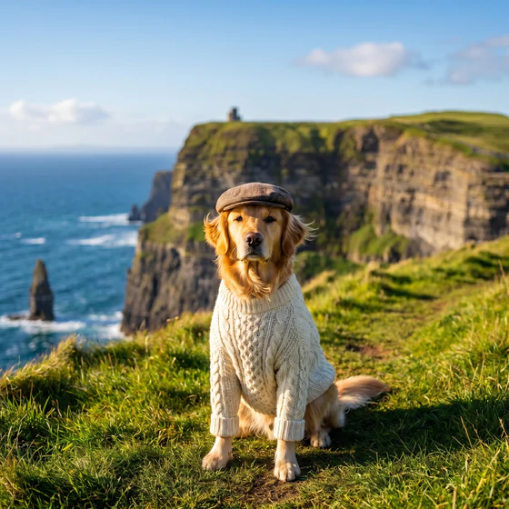 Ireland Traveler style theme: a golden retriever in a cable knit sweater on the cliffs