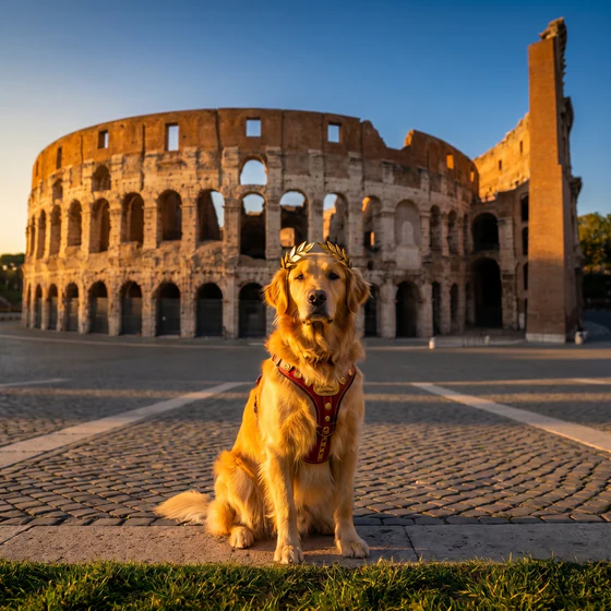 Italy Traveler style theme: a golden retriever at the Colosseum