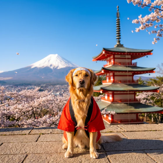 Japan Traveler style theme: a golden retriever in a red haori by a pagoda with Mount Fuji behind