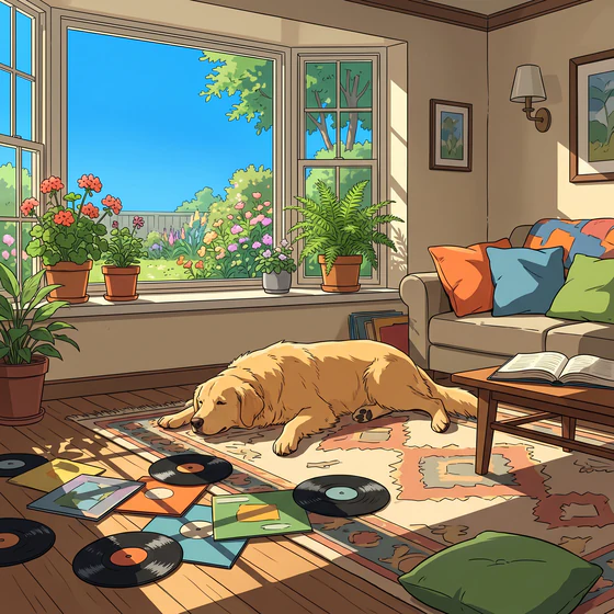 Lofi Room style theme: a dog dozing on a rug in a sunlit illustrated bedroom