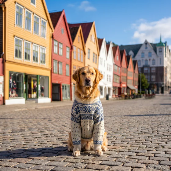 Norway Traveler style theme: a golden retriever in a wool sweater on the Bergen waterfront