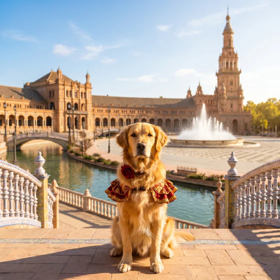 Spain Traveler style theme: a golden retriever in a flamenco collar at the Plaza de Espana