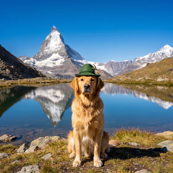 Switzerland Traveler style theme: a golden retriever in an alpine hat before the Matterhorn