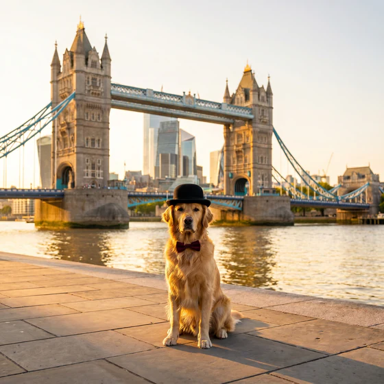 UK Traveler style theme: a golden retriever in a bowler hat at Tower Bridge