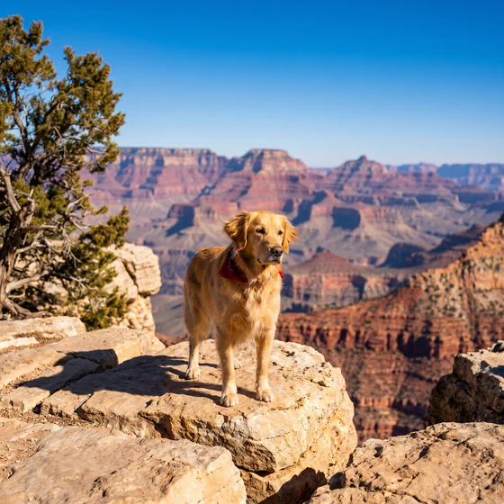 USA Traveler style theme: a golden retriever on a ledge above the Grand Canyon