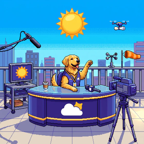 WeatherPets HQ style theme: a dog in a press vest anchoring the pixel newsroom weather desk