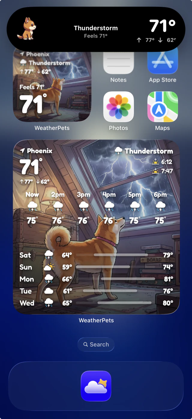 iPhone home screen with WeatherPets widgets showing Haru in a thunderstorm, and a Live Activity in the Dynamic Island