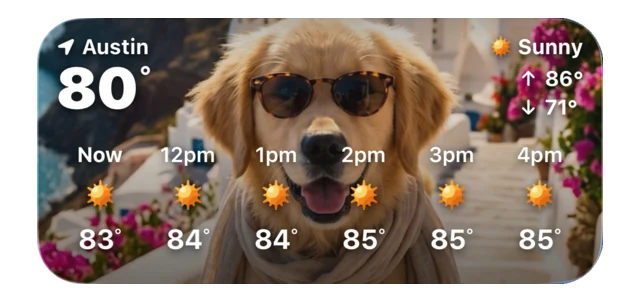 A medium WeatherPets home screen widget showing Austin, sunny, 80 degrees with a high of 86 and a low of 71 and the next six hours, with a golden retriever in sunglasses behind it