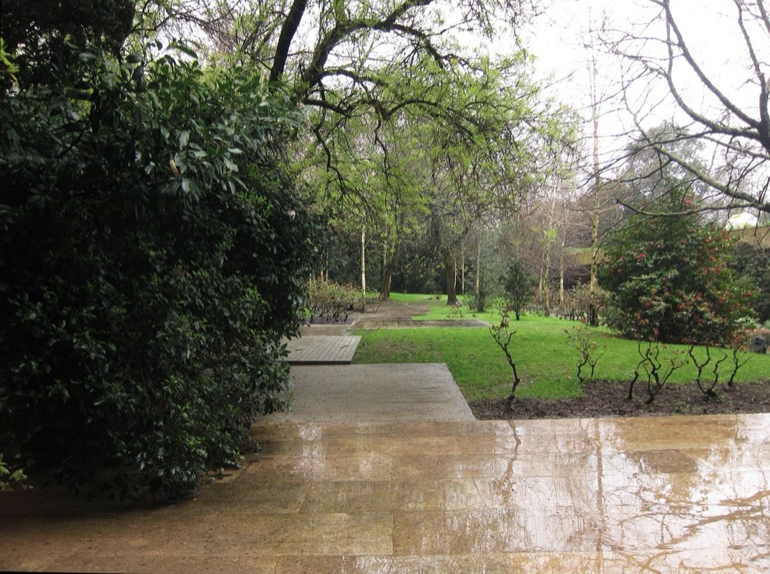 A wet park path in heavy rain with puddles and flat grey light