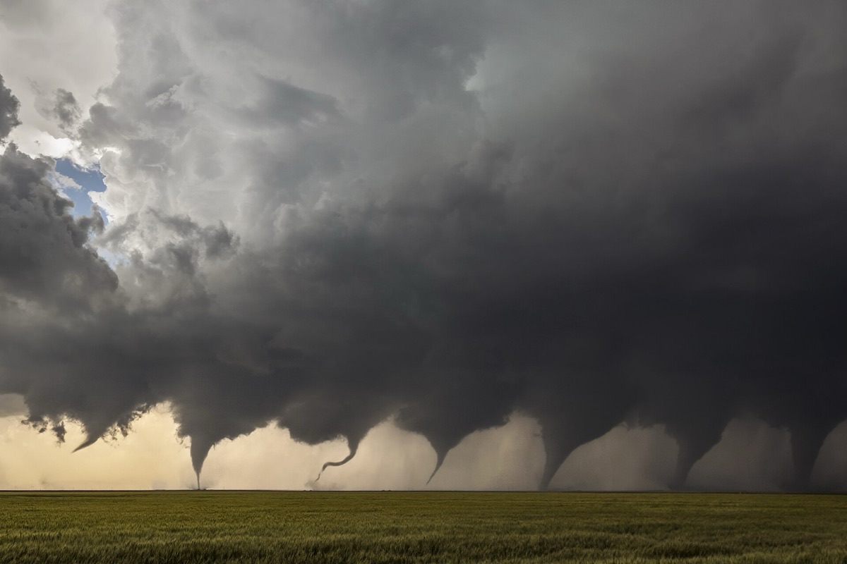 A tornado on the ground beneath a supercell, the point at which a warning becomes a matter of minutes