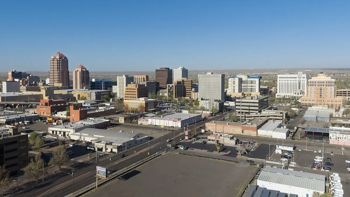 Downtown Albuquerque skyline with the Sandia Mountains beyond