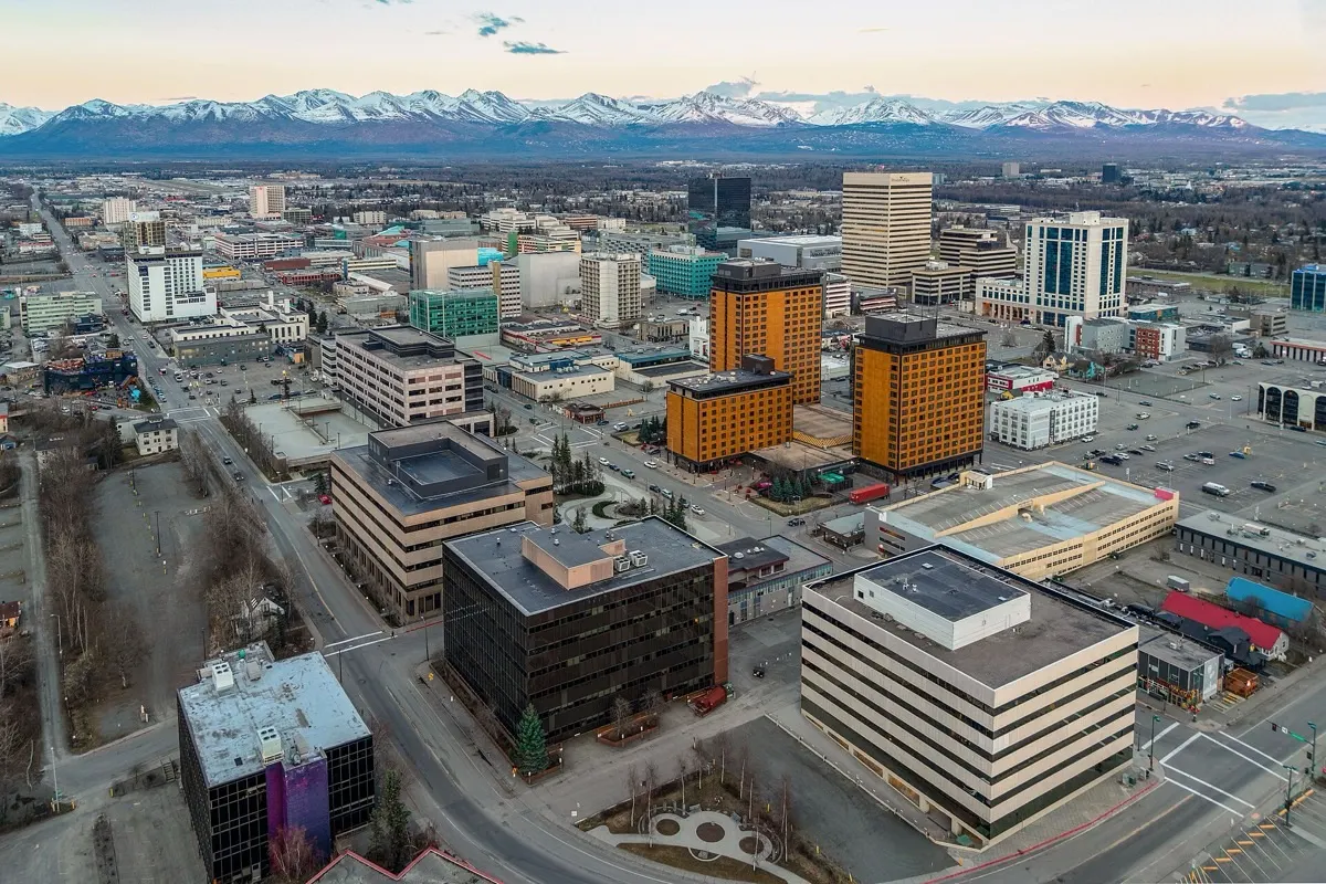 Anchorage, Alaska skyline with the Chugach Mountains behind