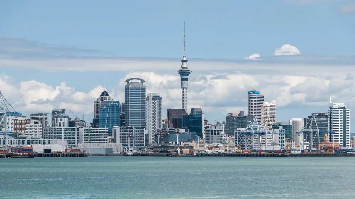 Auckland skyline and Sky Tower seen across the harbour from Devonport