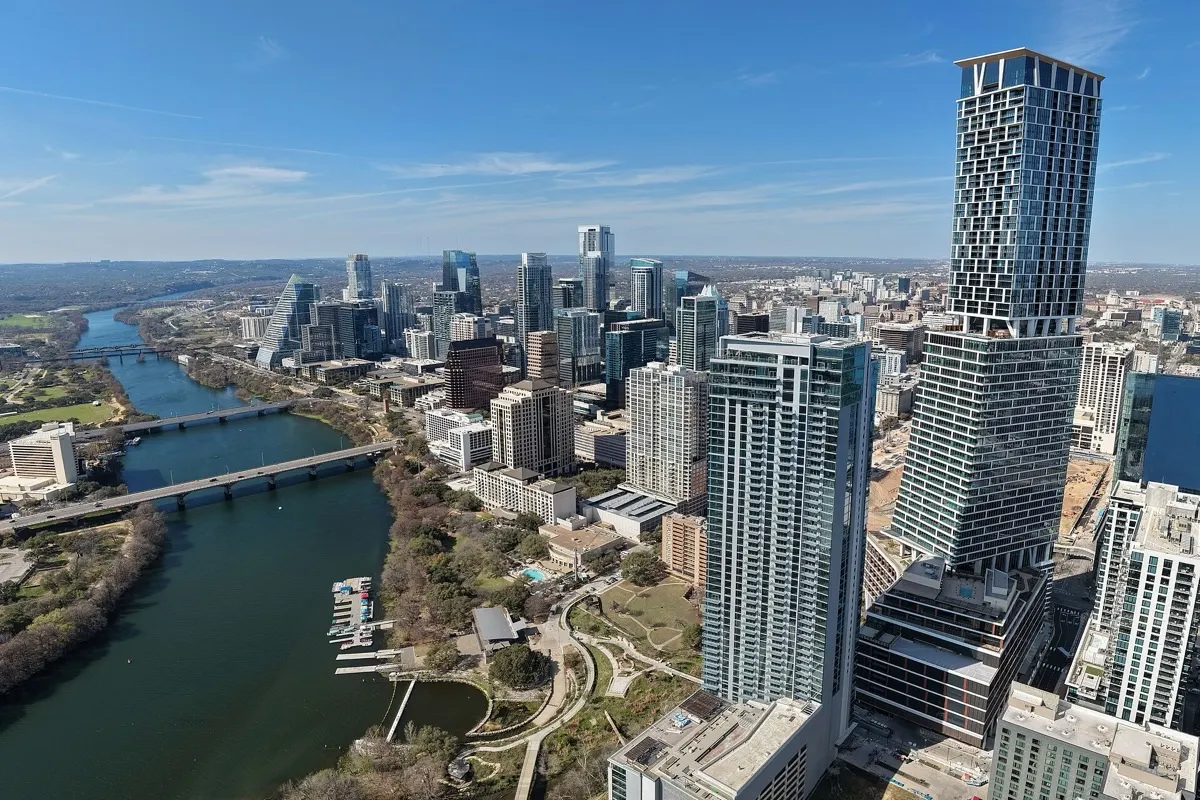 Aerial view of the Austin skyline along the Colorado River