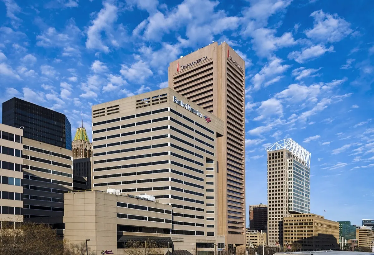 Downtown Baltimore skyline along Pratt Street near the Inner Harbor