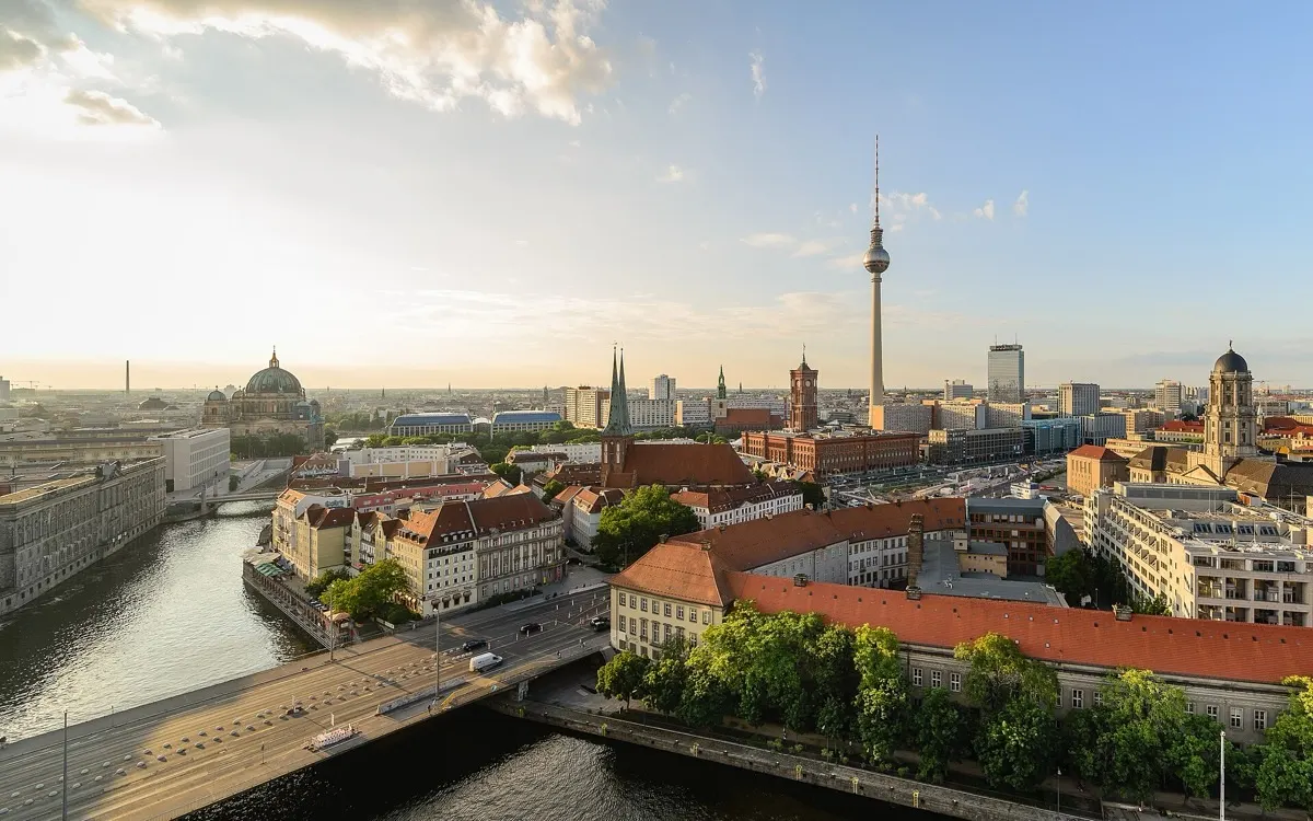 Berlin Mitte skyline with the Fernsehturm TV tower on a summer day