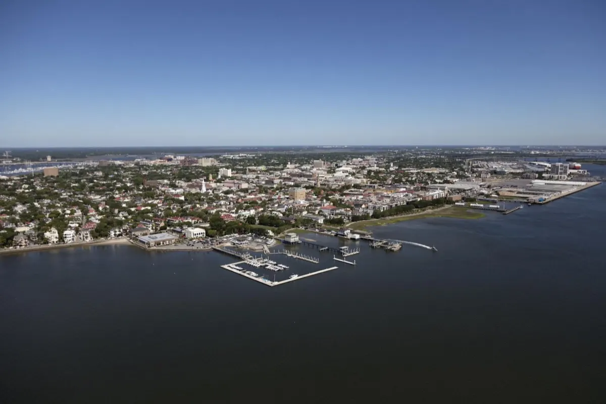 Aerial view of the Charleston, South Carolina peninsula and harbor