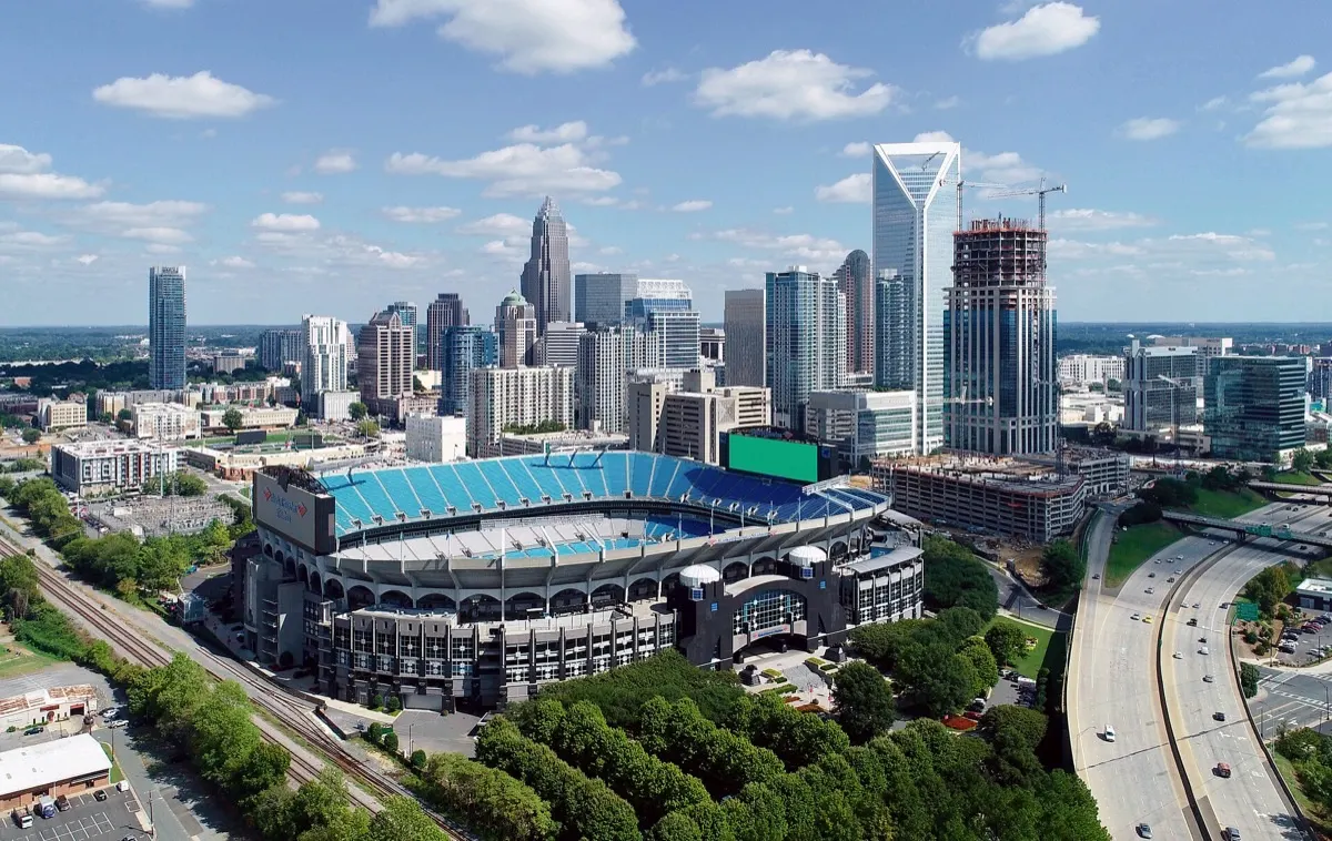 Aerial view of the Uptown Charlotte skyline on a clear day