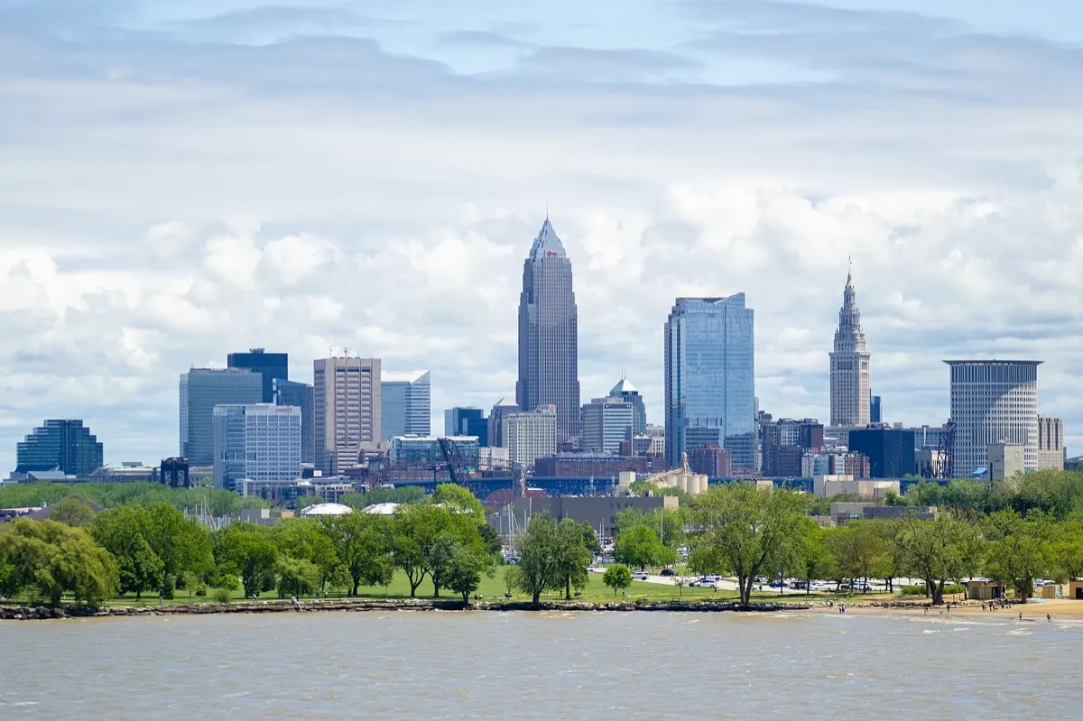 Cleveland skyline seen across Lake Erie from Edgewater Park
