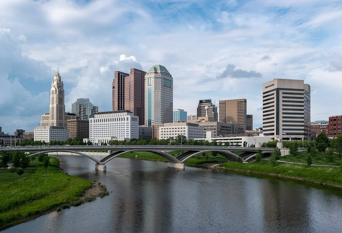 Downtown Columbus skyline seen from the Main Street Bridge over the Scioto River