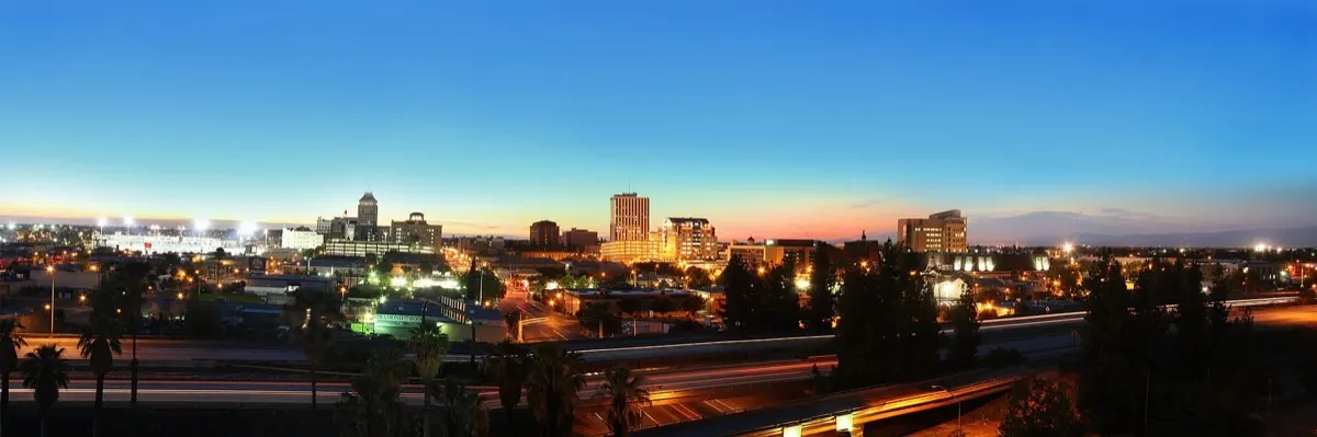 Downtown Fresno, California skyline panorama at dusk