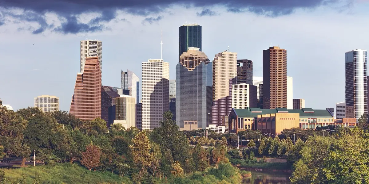 Downtown Houston skyline viewed from the west over Buffalo Bayou