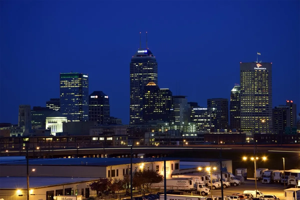 Downtown Indianapolis skyline on a partly cloudy spring day