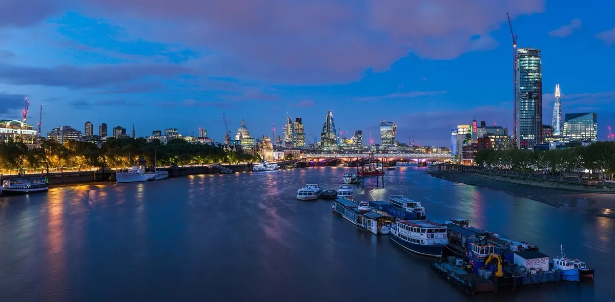 London skyline along the River Thames seen from Waterloo Bridge