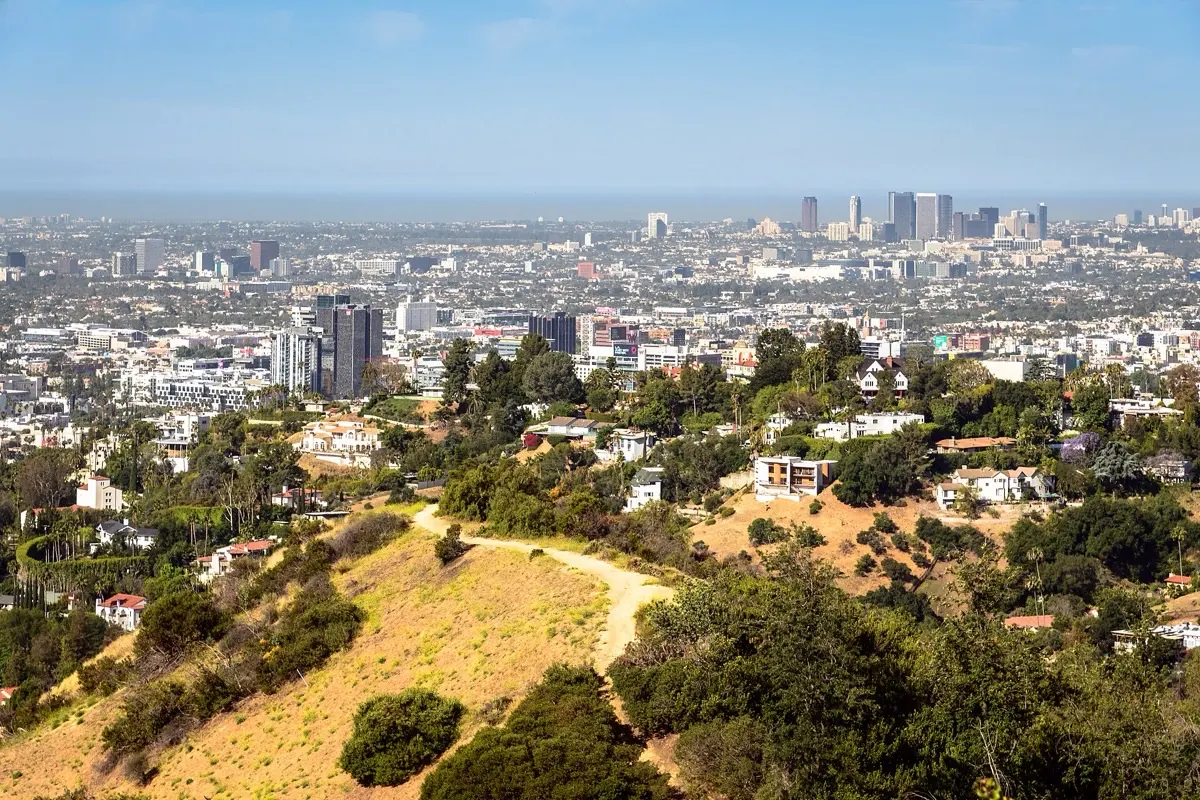 Downtown Los Angeles skyline with mountains in the distance