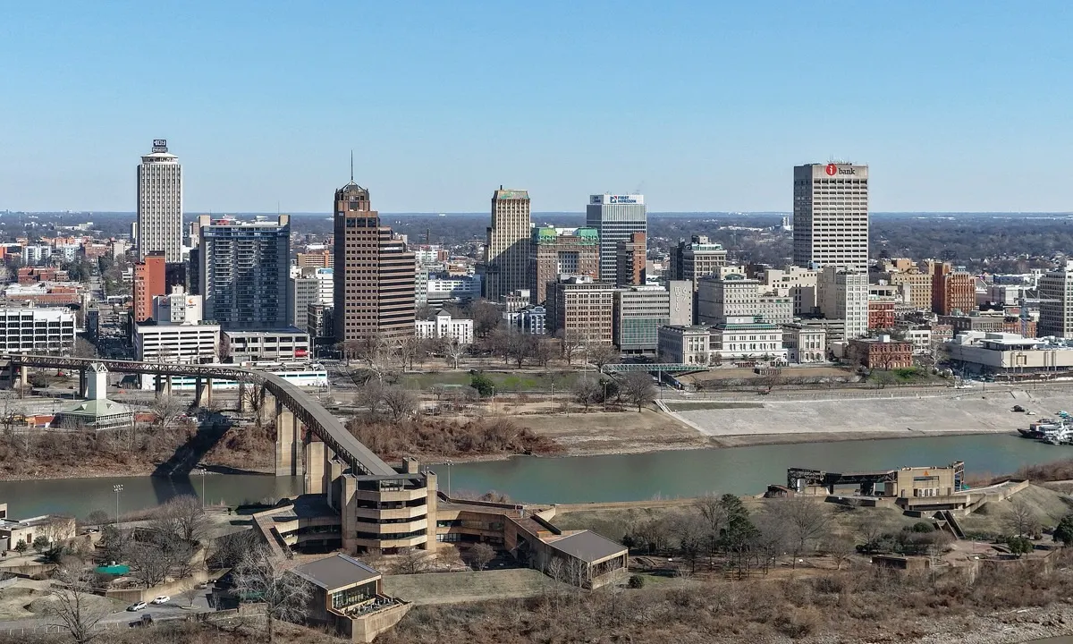Aerial view of the downtown Memphis skyline along the Mississippi River