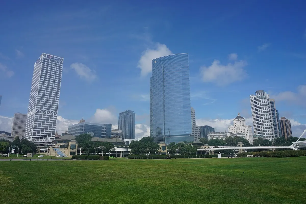 Milwaukee skyline seen from the Lake Michigan lakefront in summer