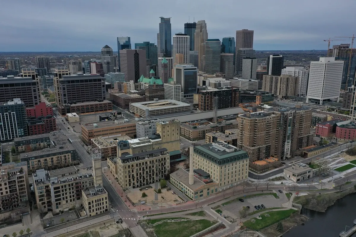 Downtown Minneapolis skyline seen from above St. Anthony Falls on the Mississippi River