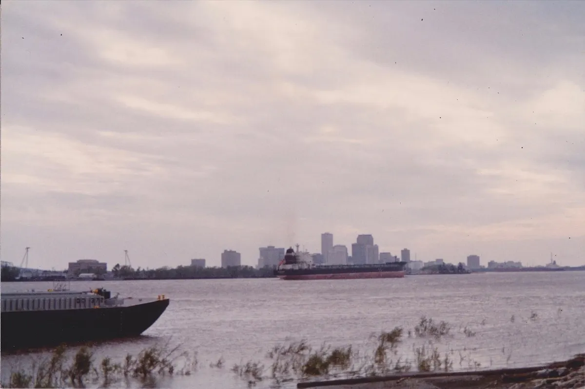 New Orleans skyline seen from the Lower 9th Ward riverfront across the Mississippi River