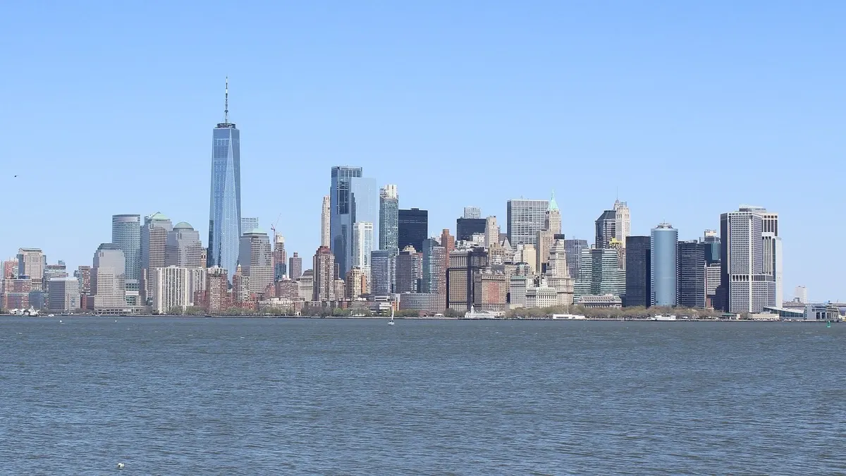 Lower Manhattan skyline seen from Liberty Island on a clear day