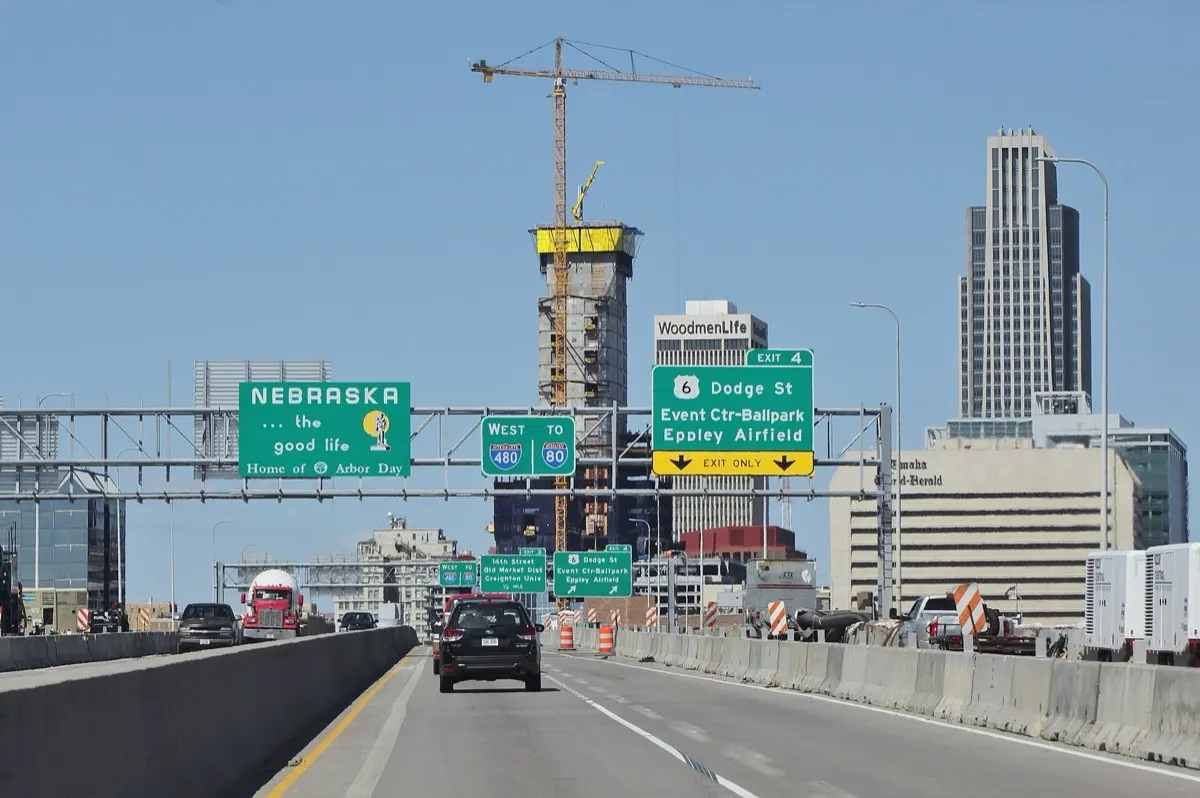 Downtown Omaha skyline behind the Interstate 480 bridge over the Missouri River