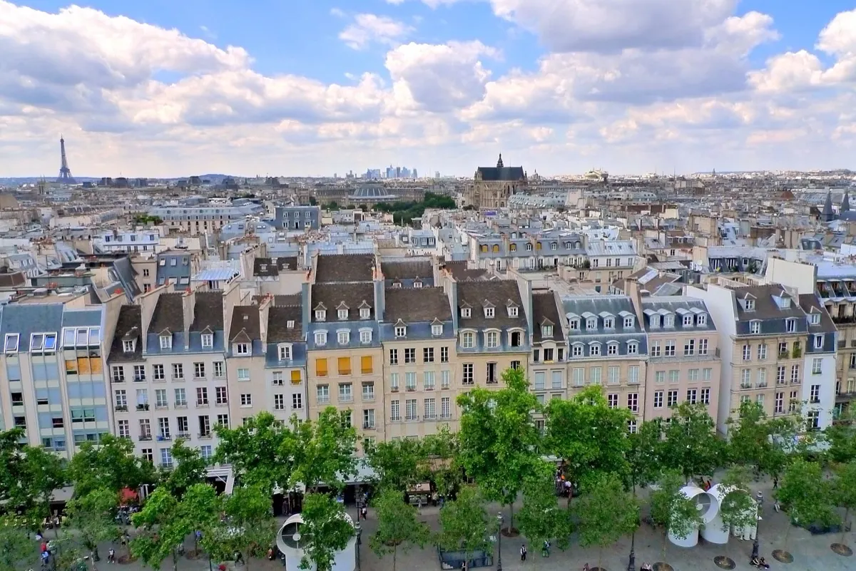 Paris rooftops and the Eiffel Tower seen from the Centre Pompidou