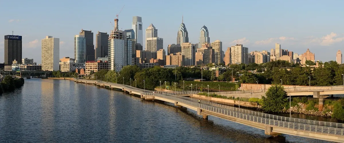 Philadelphia skyline viewed from the South Street Bridge over the Schuylkill River